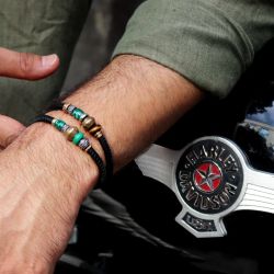 MB283X Pulsera Plata de Palo hombre Kogarashi de cuero con bronce y jade cierre mosquetón de seguridad