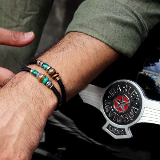 MB283X Pulsera Plata de Palo hombre Kogarashi de cuero con bronce y jade cierre mosquetón de seguridad