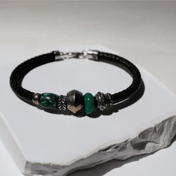 MB283X Pulsera Plata de Palo hombre Kogarashi de cuero con bronce y jade cierre mosquetón de seguridad