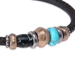 MB282X Pulsera PLATA DE PALO hombre Oborozuki de cuero con turquesa y bronce con carácter