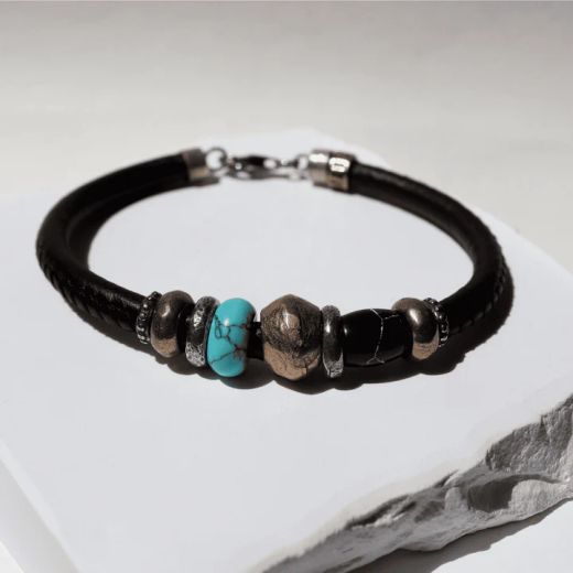 MB282X Pulsera PLATA DE PALO hombre Oborozuki de cuero con turquesa y bronce con carácter