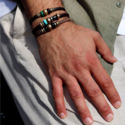 MB282X Pulsera PLATA DE PALO hombre Oborozuki de cuero con turquesa y bronce con carácter