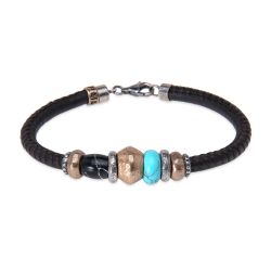 MB282X Pulsera PLATA DE PALO hombre Oborozuki de cuero con turquesa y bronce con carácter