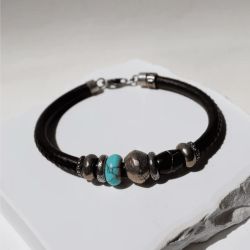 MB282X Pulsera PLATA DE PALO hombre Oborozuki de cuero con turquesa y bronce con carácter