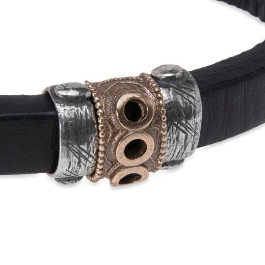 MB278X Pulsera Plata de Palo hombre Ryomen de cuero con piezas de plata y bronce, cierre fuerte y sólido de gancho