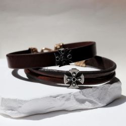 MB255X Pulsera Plata de Palo hombre apasionante de cuero con cruz en plata de ley 925