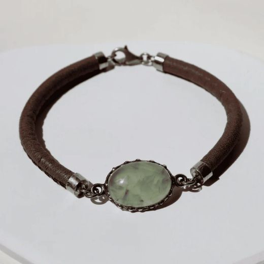 WB545X Pulsera Plata de Palo mujer de cuero tono visón y piedra prehnita