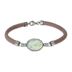 WB545X Pulsera Plata de Palo mujer de cuero tono visón y piedra prehnita