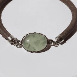 WB545X Pulsera Plata de Palo mujer de cuero tono visón y piedra prehnita