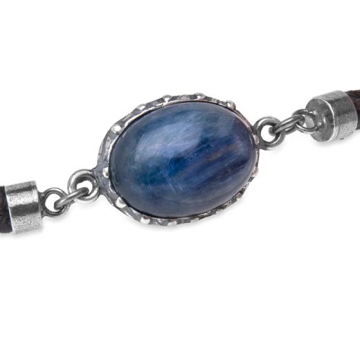 WB561X Pulsera Plata de Palo tentadora de mujer en cuero y piedra cianita ovalada azul