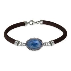 WB561X Pulsera Plata de Palo tentadora de mujer en cuero y piedra cianita ovalada azul