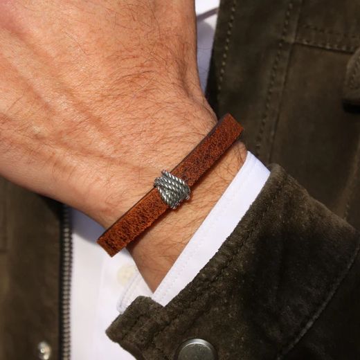 Pulsera PLATA DE PALO Pibe MB254X de hombre de cuero marrón y detalles en plata de ley
