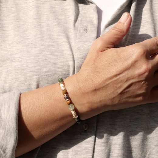 WB401A Pulsera PLATA DE PALO serie Juma para mujer con jade madera y circonitas negras