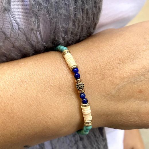 WB396B Pulsera PLATA DE PALO serie Vena para mujer con bolas de turquesa y lapislázuli