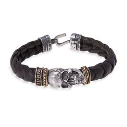 SB047A Pulsera Plata de Palo SKULL de hombre moderna calavera cuero trenzado