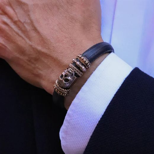 SB099X Pulsera PLATA DE PALO Skull SB099X hombre cuero