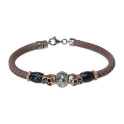 SB21X Pulsera Plata de Palo unisex de cuero con calaveras de bronce y resinas negras cierre mosquetón