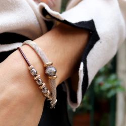 WB565X Pulsera Plata de Palo unisex Kori de malla en plata 925 y pieza central de plata y bronce