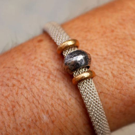 WB565X Pulsera Plata de Palo unisex Kori de malla en plata 925 y pieza central de plata y bronce