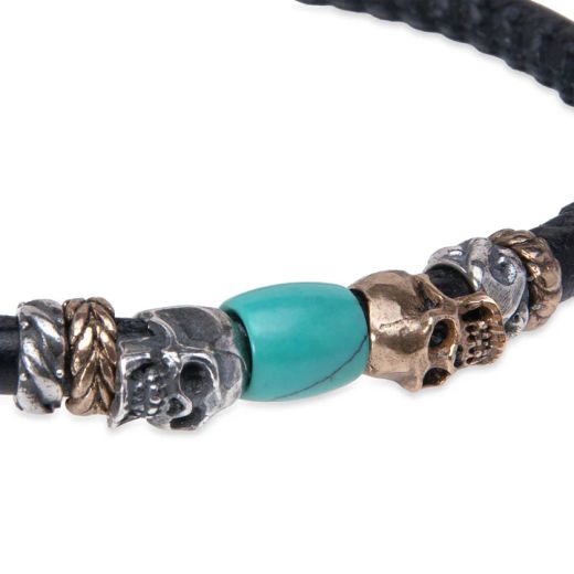 SB216X Pulsera Plata de Palo unisex de cuero con calaveras y resina jade