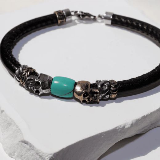 SB216X Pulsera Plata de Palo unisex de cuero con calaveras y resina jade