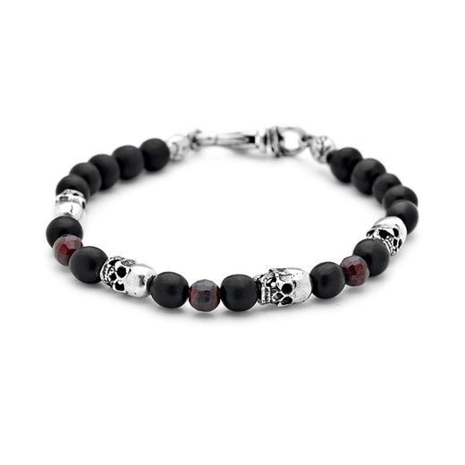 CC32 Pulsera PLATADEPALO Skull calaveras, bronce, ojo de tigre granate y resina