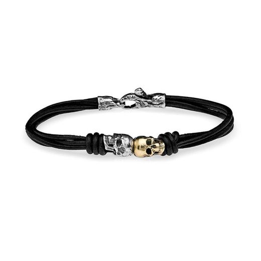 Pulsera PLATADEPALO Skull L31B dos calaveras de plata de ley, bronce y cuero