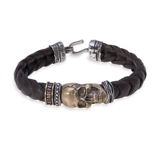 SB047B Pulsera PLATA DE PALO Skull hombre calavera cuero trenzado