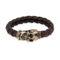 SB049B Pulsera Plata de Palo SKULL hombre cuero trenzado muy elegante