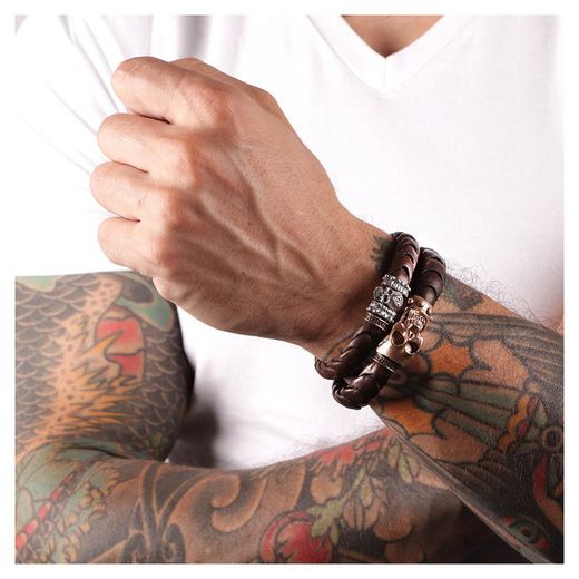SB049B Pulsera Plata de Palo SKULL hombre cuero trenzado muy elegante