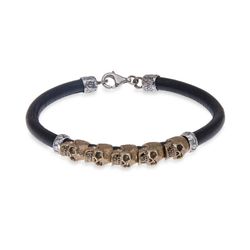 SB076B Pulsera unisex PLATA DE PALO SKULL cinco calaveras bronce de cuero