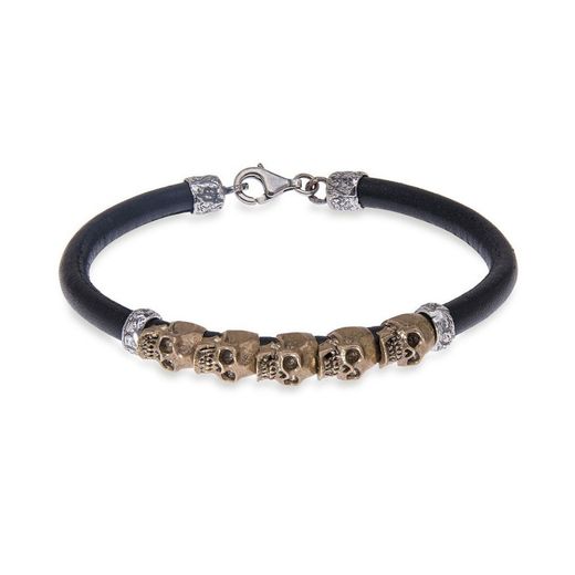 SB076B Pulsera unisex PLATA DE PALO SKULL cinco calaveras bronce de cuero