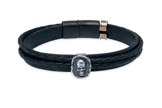 Pulsera Sukam SB203X Plata de Palo diseño minimalista calavera de plata y cuero
