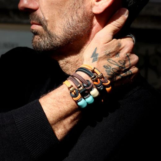 BB093X Pulsera Plata de Palo hombre modelo Tarfa en plata de ley 925, cuero y bronce, cierre de gancho fuerte y sólido