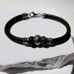 MB281X Pulsera vibrante de Plata de Palo hombre de cuero adornada con bronce y jade