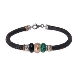 MB281X Pulsera vibrante de Plata de Palo hombre de cuero adornada con bronce y jade