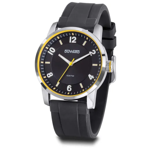 Ref: D85346.09 Reloj DUWARD de hombre caja de acero inoxidable 316L, correa silicona negra acuática con bisel amarillo