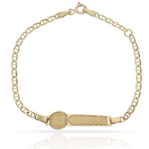 Ref, PU217 Pulsera bonita de bebé o comunión en oro 18k con placa y reloj para grabar la hora de nacimiento o celebración de la comunión cierre reasa reforzada