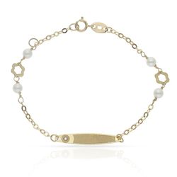 Ref,765 Pulsera niña oro 18k para bebé o comunión perlas, circonita con dos tréboles