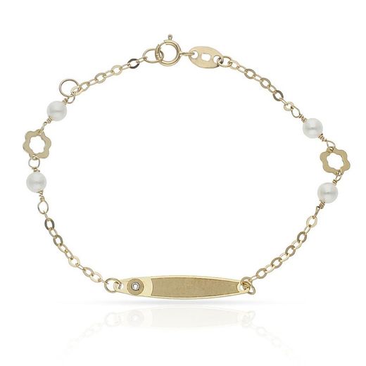 Ref,765 Pulsera niña oro 18k para bebé o comunión perlas, circonita con dos tréboles