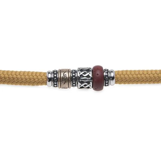 Referencia Pulsera Plata de Palo de nylon color mostaza resina granate y pieza de bronce
