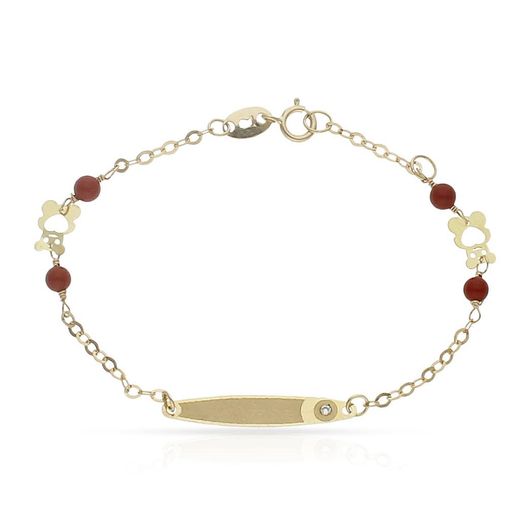 Ref,PU762 Pulsera infantil bonita y alegre de bebé en Oro de 18 Kilates con placa y circonita. Cadena decorada con coral sintético y motivo de oso
