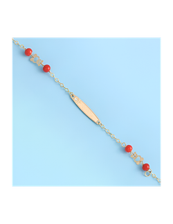 Ref,PU762 Pulsera infantil bonita y alegre de bebé en Oro de 18 Kilates con placa y circonita. Cadena decorada con coral sintético y motivo de oso