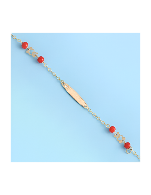 Ref,PU762 Pulsera infantil bonita y alegre de bebé en Oro de 18 Kilates con placa y circonita. Cadena decorada con coral sintético y motivo de oso