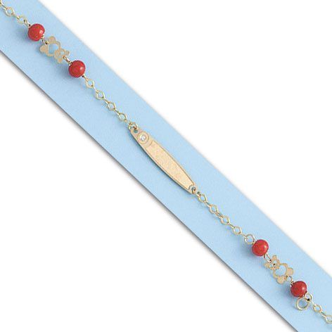 Ref,PU762 Pulsera infantil bonita y alegre de bebé en Oro de 18 Kilates con placa y circonita. Cadena decorada con coral sintético y motivo de oso