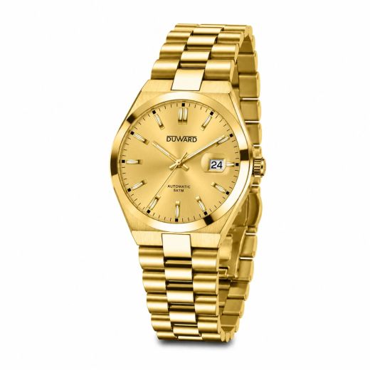 D25432.10 Reloj Duward automático de mujer caja y armis acero IP dorado esfera champagne calendario con lupa acuático 50 metros
