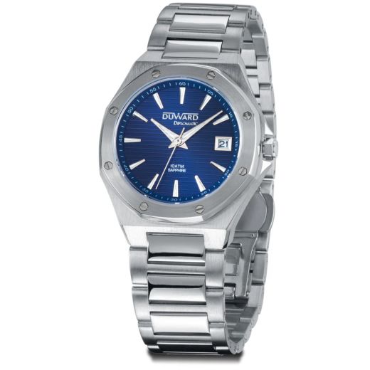 D25433.05 Reloj Duward mujer caja de acero 316L, 10 atm, cristal zafiro, brazalete de acero, movimiento analógico de cuarzo esfera azul