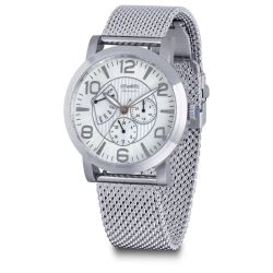 D87035.11 Reloj DUWARD de caballero acero inoxidable 316L esfera blanca y armis de malla milanesa, multifunción, sumergible 30 metros (30atm)