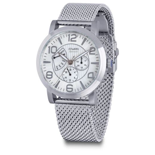 D87035.11 Reloj DUWARD de caballero acero inoxidable 316L esfera blanca y armis de malla milanesa, multifunción, sumergible 30 metros (30atm)