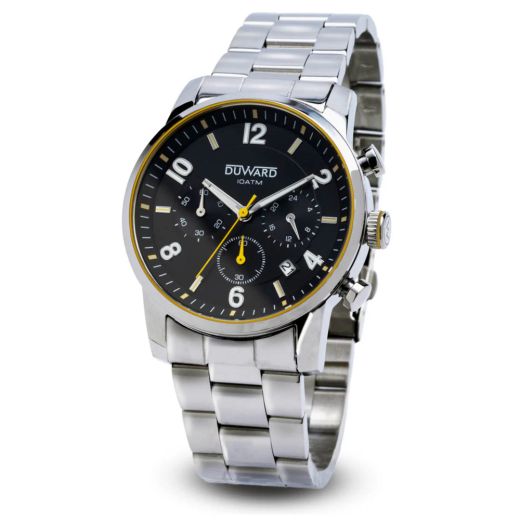 D95541.09 Reloj DUWARD de Caballero Brazalete y Caja de acero inoxidable 316L acuático 100 metros Cronógrafo esfera negra y amarilla
